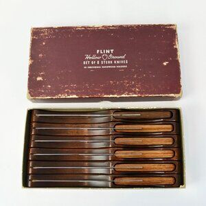 Flint Hollow Ground Set of 6 Steak Knives Vintage Individual Hardwood Holders In